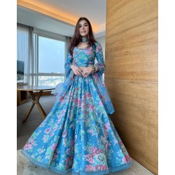 blue floral organza lehenga choli
